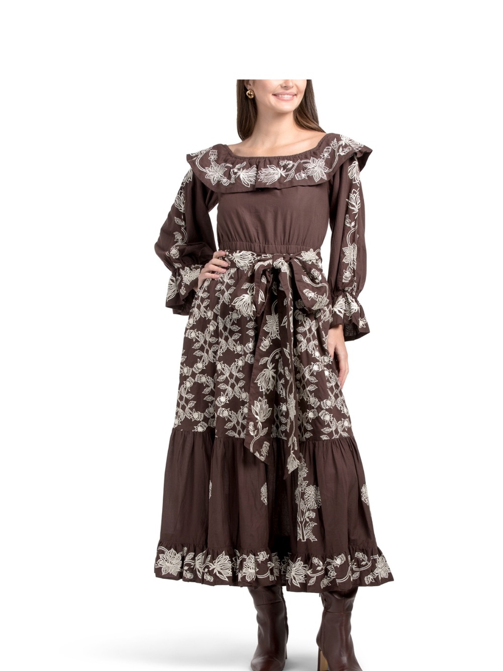 Sue Sartor Embroidered Brown Maxi Dress with Ruffle Yoke